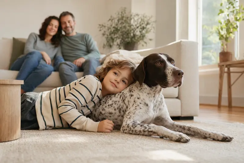 Ein freundlicher Pointer Hund liegt entspannt neben einem Kind im hellen Wohnzimmer in einer sicheren Familienatmosphäre.