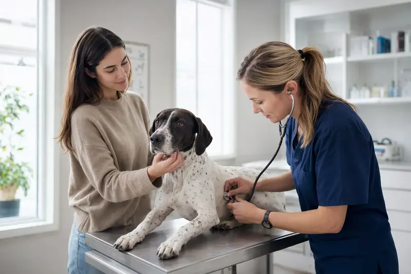 Ein ruhiger Pointer Hund wird von einer Tierärztin auf einem Untersuchungstisch in einer modernen Praxis untersucht.