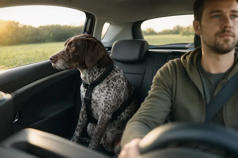 Ein sicher angeschnallter Pointer Hund auf der Rückbank eines Autos, während der Besitzer fährt.