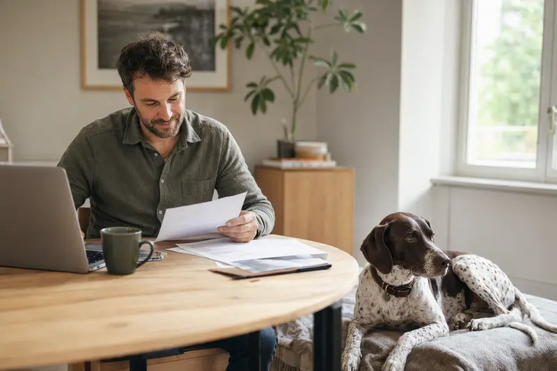 Ein Hundehalter sitzt mit einer Tierarztrechnung am Tisch, während ein entspannter Pointer Hund ruhig auf einer Decke liegt.