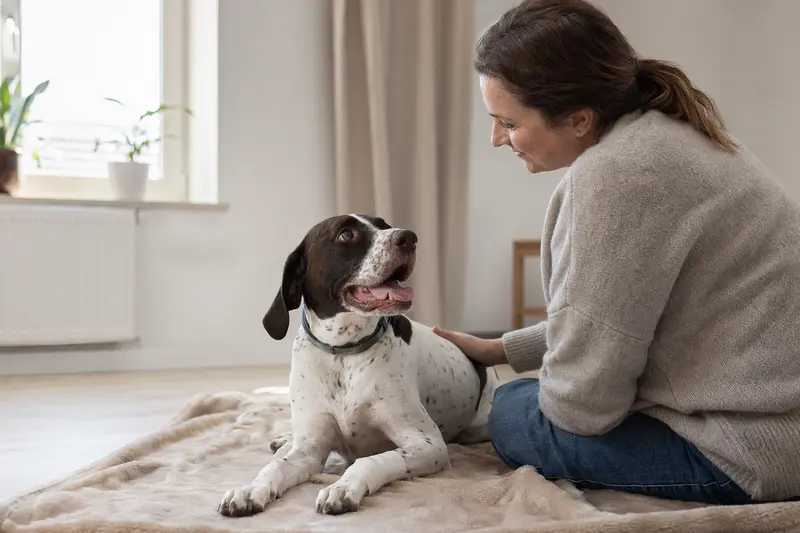 Ein ruhiger Pointer Hund mit leichtem Verband an der Pfote liegt auf einer Decke, während sein Besitzer erleichtert neben ihm sitzt.