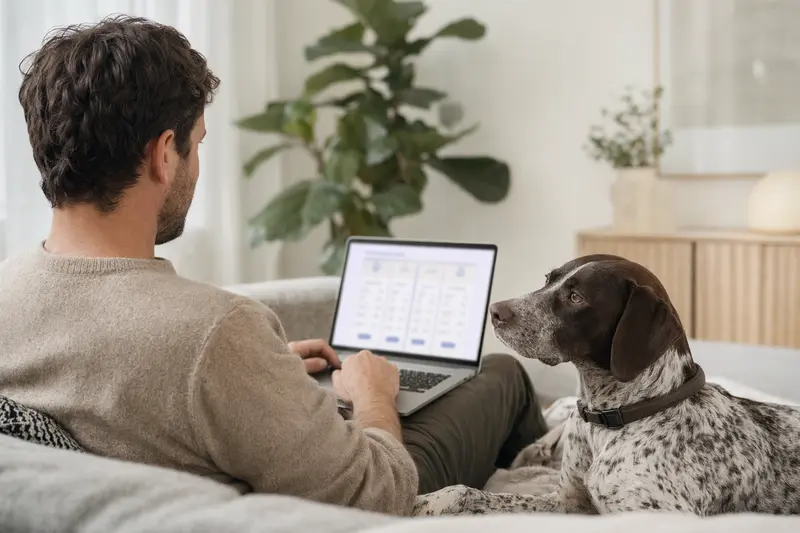 Hundehalter sitzt mit Laptop auf dem Sofa und betrachtet Versicherungsoptionen neben seinem Pointer-Hund.