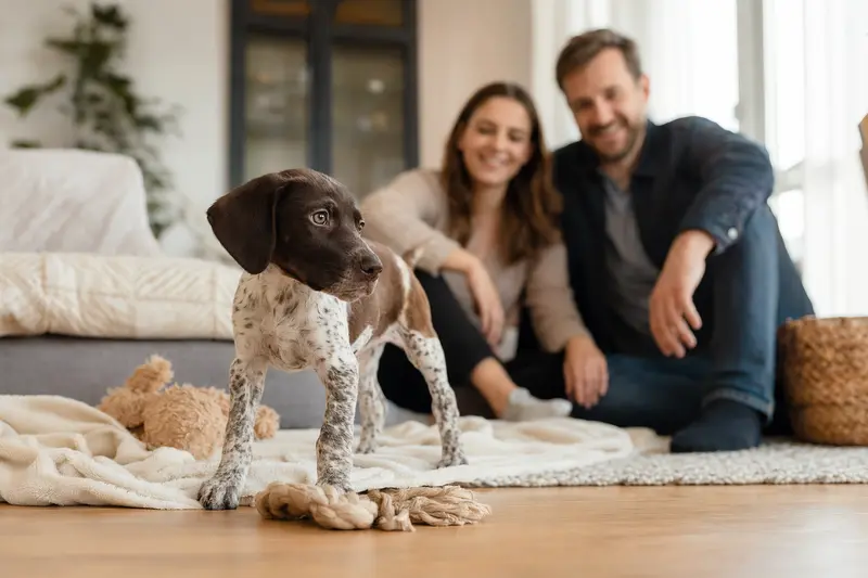 Ein neugieriger Pointer Welpe erkundet sein neues Zuhause mit einer weichen Decke und einem Spielzeug, während eine liebevolle Familie im Hintergrund zu sehen ist.