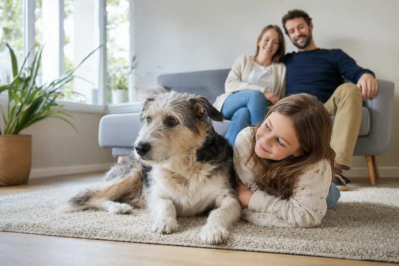 Ein freundlicher Poitevin Hund liegt entspannt neben einem Kind im Wohnzimmer, während die Eltern im Hintergrund in einer hellen Familienatmosphäre zu sehen sind.