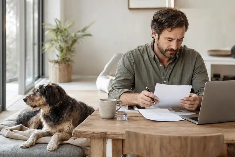 Ein Hundebesitzer sitzt ruhig am Tisch mit einer Tierarztrechnung, während ein entspannter Poitevin Hund auf einer Decke liegt und die Situation eine sachliche Auseinandersetzung mit Tierarztkosten vermittelt.