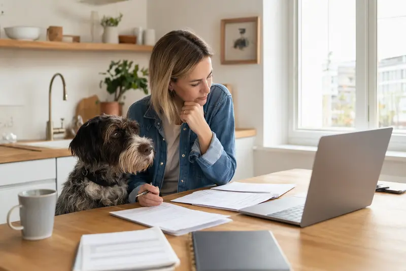 Ein Poitevin sitzt ruhig neben seinem Besitzer am Küchentisch, während Versicherungsunterlagen und ein Laptop mit einer neutralen Vergleichsseite die Tierkrankenversicherung für den Hund veranschaulichen.