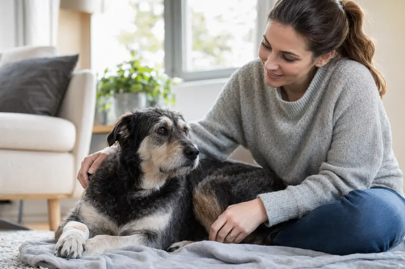 Poitevin Hund mit leichtem Verband an der Pfote liegt ruhig auf einer Decke, während sein Besitzer neben ihm erleichtert sitzt.