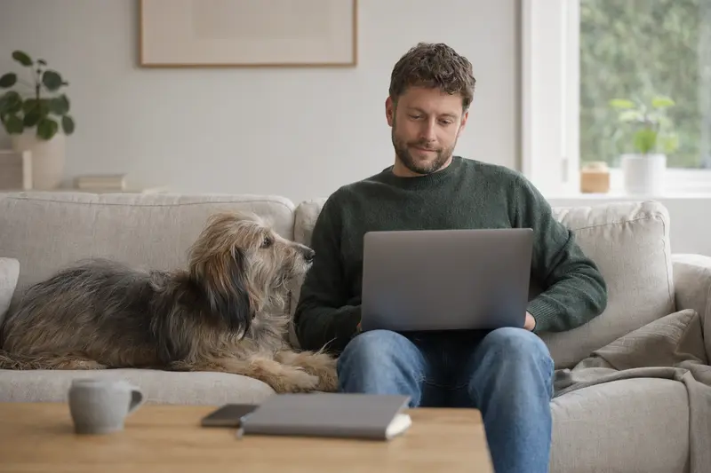 Besitzer arbeitet am Laptop auf dem Sofa mit einem Poitevin Hund, während er eine Versicherungsvergleichsseite betrachtet.