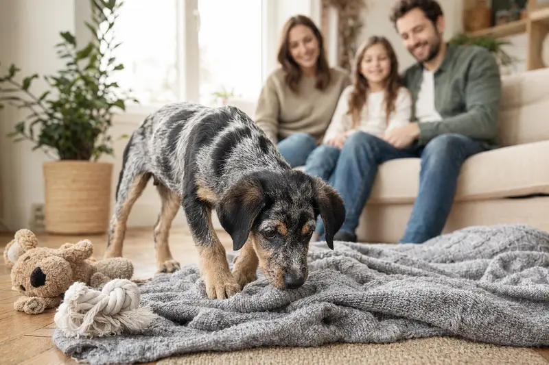 Ein neugieriger Poitevin Welpe erkundet sein neues Zuhause auf einer weichen Decke, umgeben von Spielzeug und einer liebevollen Familie.
