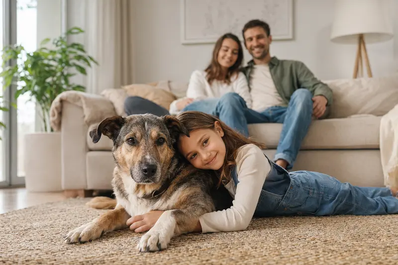 Ein freundlicher Poligar Hound liegt entspannt neben einem Kind im Wohnzimmer, während die Eltern im Hintergrund zu sehen sind.