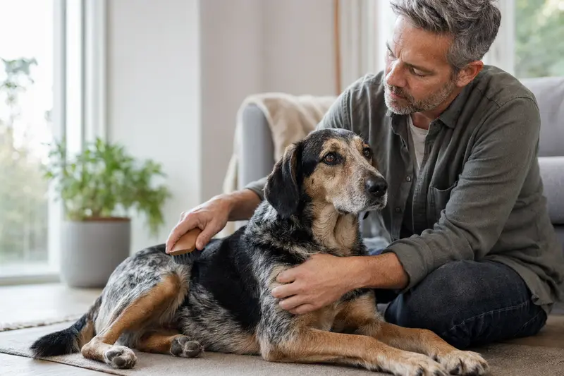 Ein Poligar Hound wird in einer hellen Wohnung liebevoll gebürstet und gepflegt.
