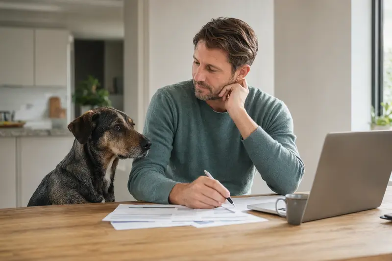 Ein Poligar Hound sitzt ruhig neben seinem Besitzer am Küchentisch, während Versicherungsunterlagen und ein Laptop mit Vergleichsseite auf dem Tisch liegen.