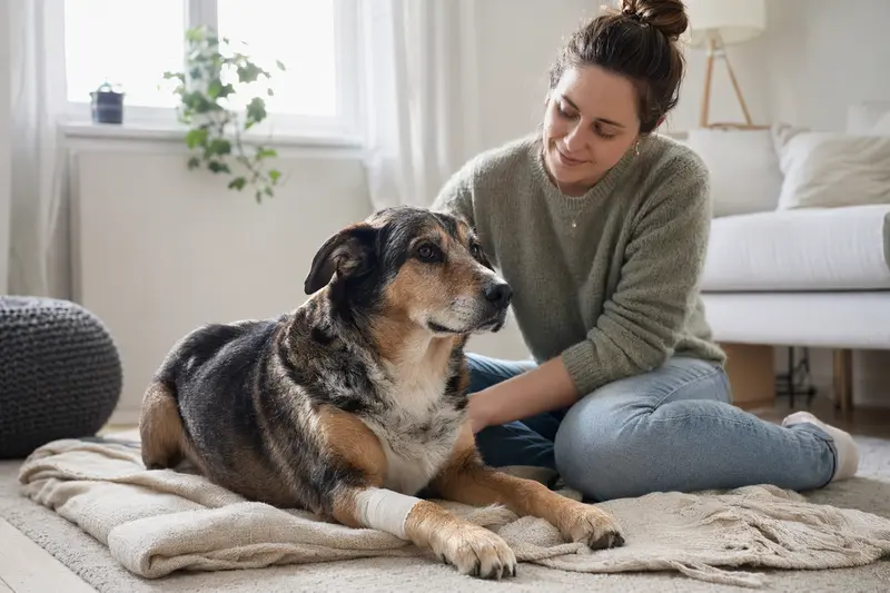 Ein Poligar Hound mit leichtem Verband an der Pfote liegt ruhig auf einer Decke neben seinem erleichterten Besitzer.