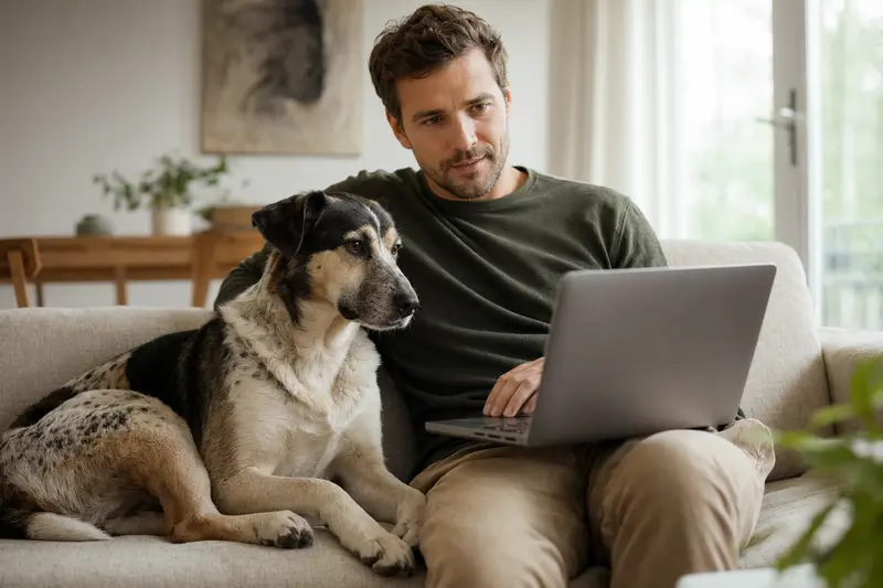 Ein Hundebesitzer sitzt auf dem Sofa mit einem Laptop, neben ihm liegt ein Poligar Hound, der Bildschirm zeigt eine unscharfe Versicherungsvergleichsoberfläche.