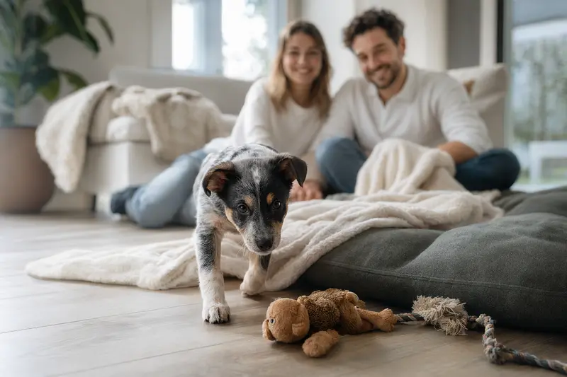 Ein neugieriger Poligar Hound Welpe entdeckt sein neues Zuhause mit liebevoller Familie im Hintergrund.