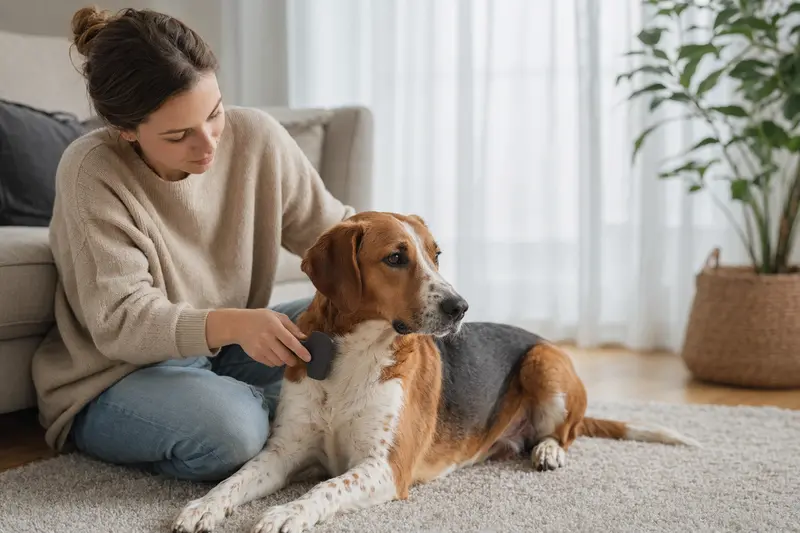 Ein Polnische-Bracke-Hund wird in einer hellen Wohnung sanft gebürstet und sorgfältig gepflegt.