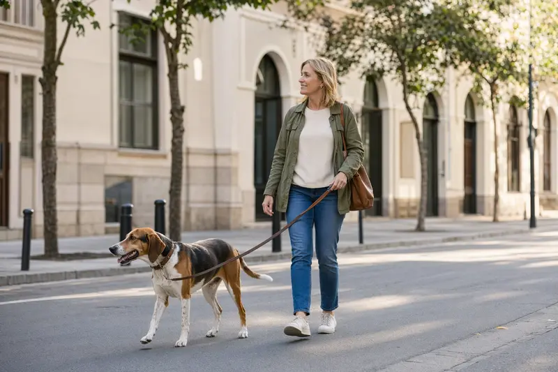 Ein Polnische Bracke Hund läuft an der Leine mit seinem Besitzer durch eine freundliche moderne Stadtstraße.
