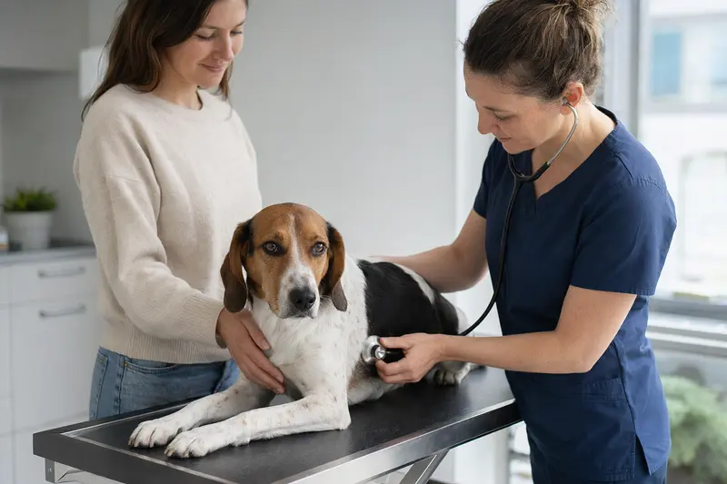 Ein ruhiger Polnische Bracke Hund wird von einer freundlichen Tierärztin auf einem Untersuchungstisch untersucht, während der Besitzer beruhigend daneben steht.