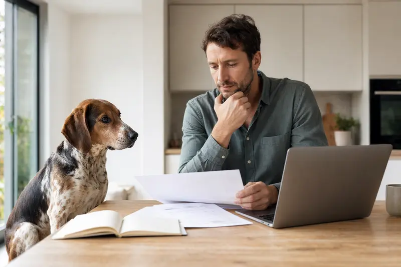 Ein Polnische Bracke Hund sitzt friedlich neben seinem Besitzer am Küchentisch, wo Versicherungsunterlagen und ein Laptop liegen.