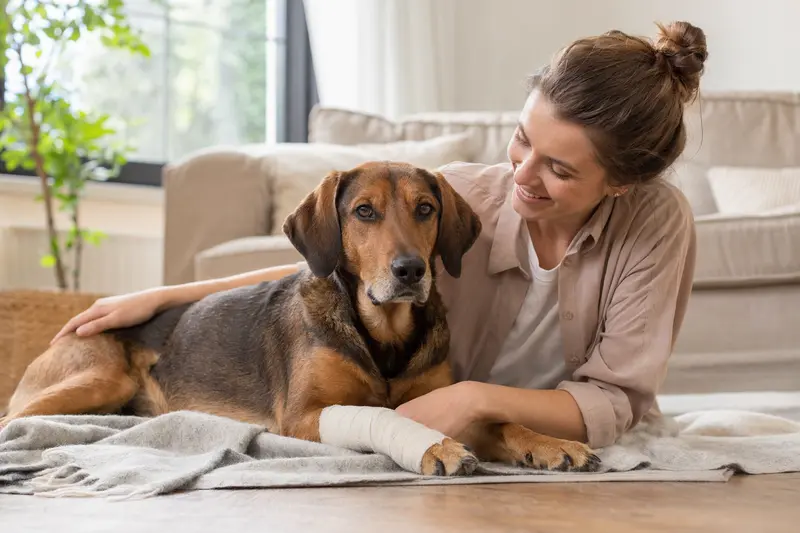 Ein Polnische Bracke Hund mit Verband an der Pfote liegt friedlich neben seinem erleichterten Besitzer in einer hellen Wohnung.