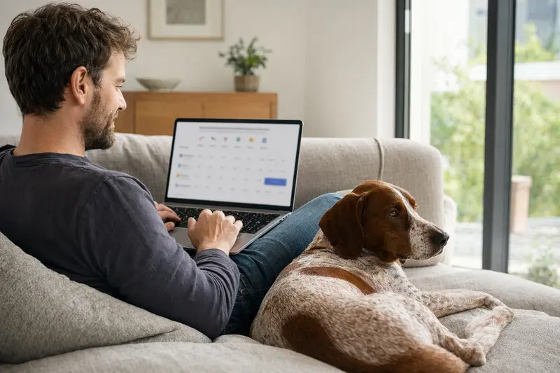 Ein Hundehalter arbeitet am Laptop auf dem Sofa, während ein Polnischer Bracke neben ihm sitzt und eine neutrale Versicherungsvergleichs-Seite angezeigt wird.