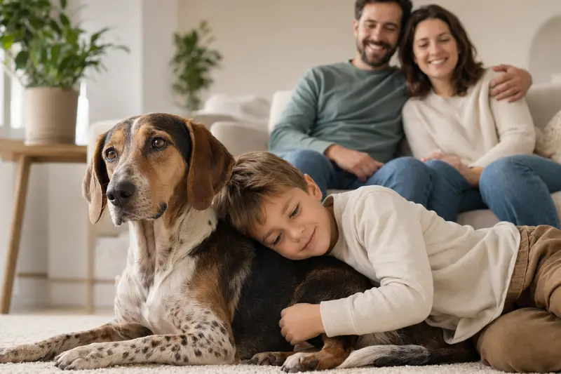 Ein freundlicher Polnischer Laufhund liegt entspannt neben einem Kind im hellen Wohnzimmer, während die Eltern im Hintergrund eine warme Familienatmosphäre schaffen.