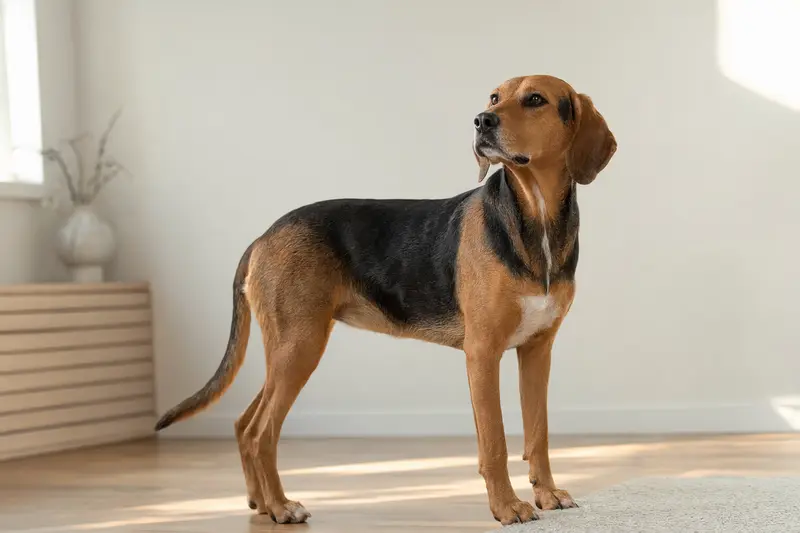 Ein aufmerksam stehender Polnischer Laufhund vor hellem Hintergrund, als hochwertiges Hundeportrait mit natürlicher Fellstruktur.
