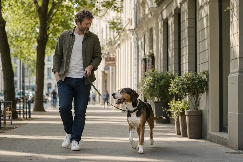 Ein Polnischer Laufhund läuft angeleint mit seinem Besitzer durch eine freundliche moderne Stadtstraße.