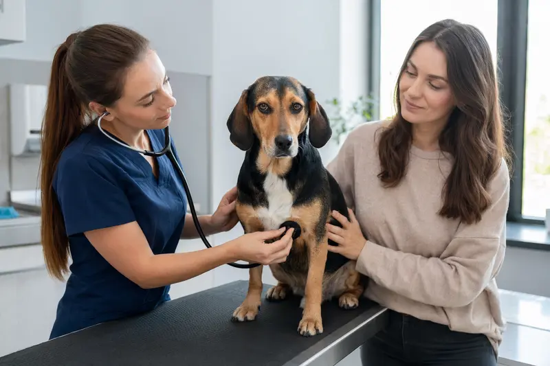 Ein ruhiger Polnischer Laufhund wird von einer freundlichen Tierärztin in einer modernen Praxis mit einem Stethoskop untersucht, während der Besitzer beruhigend daneben steht.