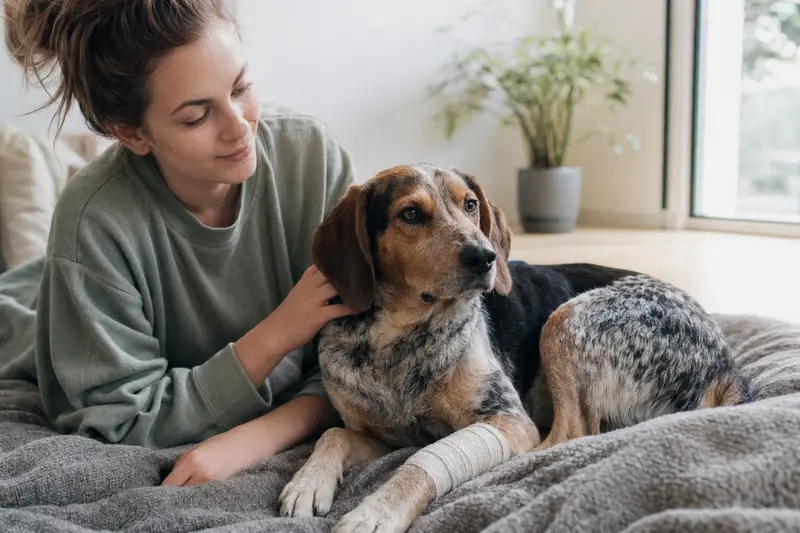 Polnischer Laufhund mit leicht verbundenen Pfote liegt ruhig auf einer Decke, während sein Besitzer erleichtert neben ihm sitzt.