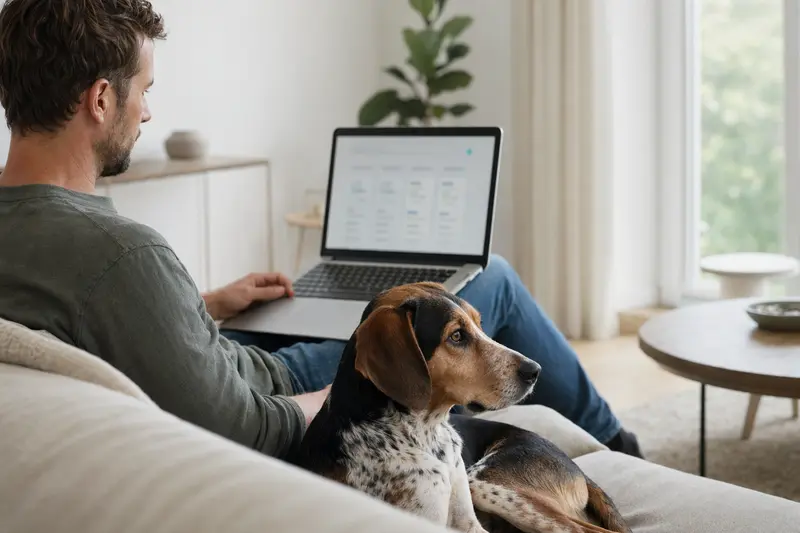 Ein Hundebesitzer sitzt mit Laptop auf dem Sofa und vergleicht Tierversicherungen, während sein Polnischer Laufhund neben ihm entspannt.