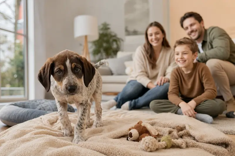 Ein neugieriger polnischer Laufhund Welpe erkundet seine liebevoll eingerichtete Wohnung mit Spielzeug und einer weichen Decke im Hintergrund.