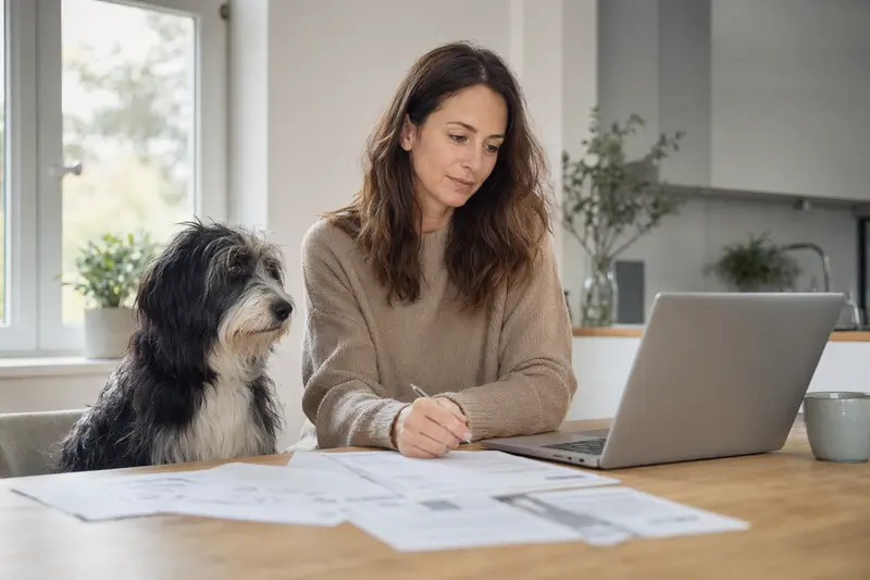 Ein Polnischer Niederungshütehund sitzt ruhig neben seinem Besitzer am Küchentisch mit Versicherungsunterlagen und einem Laptop zur Hundekrankenversicherung.