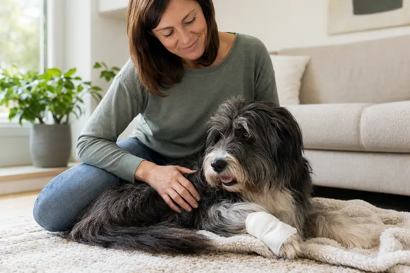 Ein Polnischer Niederungshütehund mit leichtem Verband an der Pfote liegt ruhig auf einer Decke, während sein erleichterter Besitzer neben ihm sitzt.