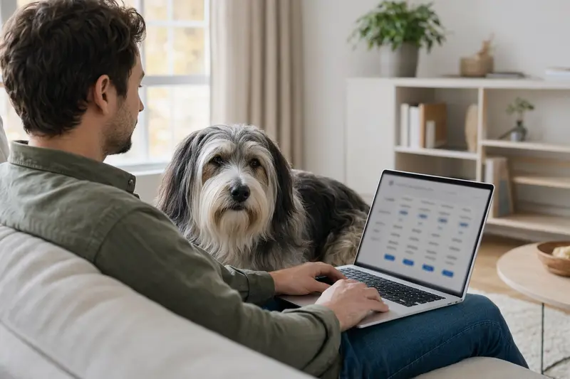 Ein Besitzer mit Laptop auf dem Sofa, neben einem Polnischen Niederungshütehund, der Versicherungsmöglichkeiten vergleicht.