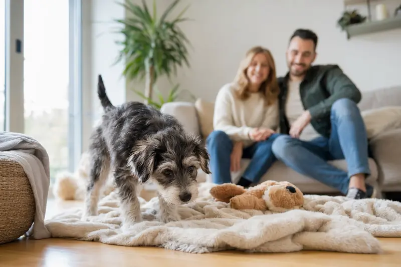 Ein junger Polnischer Niederungshütehund-Welpe erkundet neugierig sein neues Zuhause mit weicher Decke und Spielzeug.