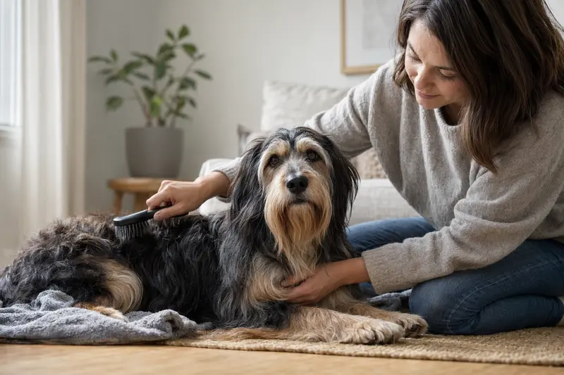 Ein Polnischer Niederungshund wird in einer hellen Wohnung sanft gebürstet, während sein Besitzer die Fellpflege liebevoll übernimmt.