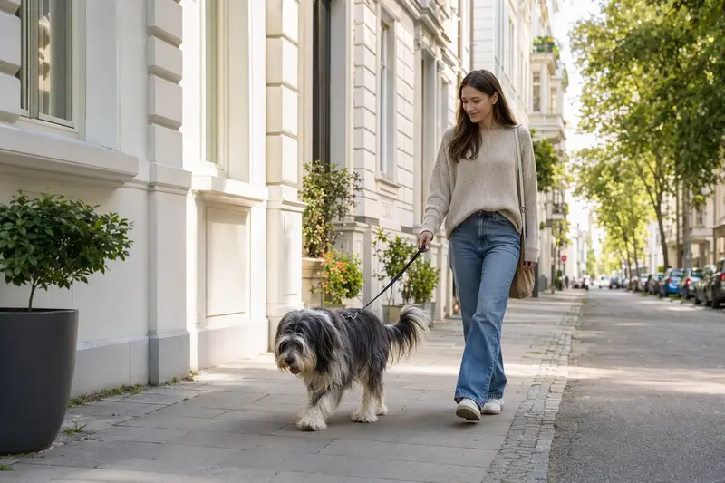 Ein Polnischer Niederungshund läuft an der Leine mit seinem Besitzer entspannt durch eine moderne Stadtstraße.