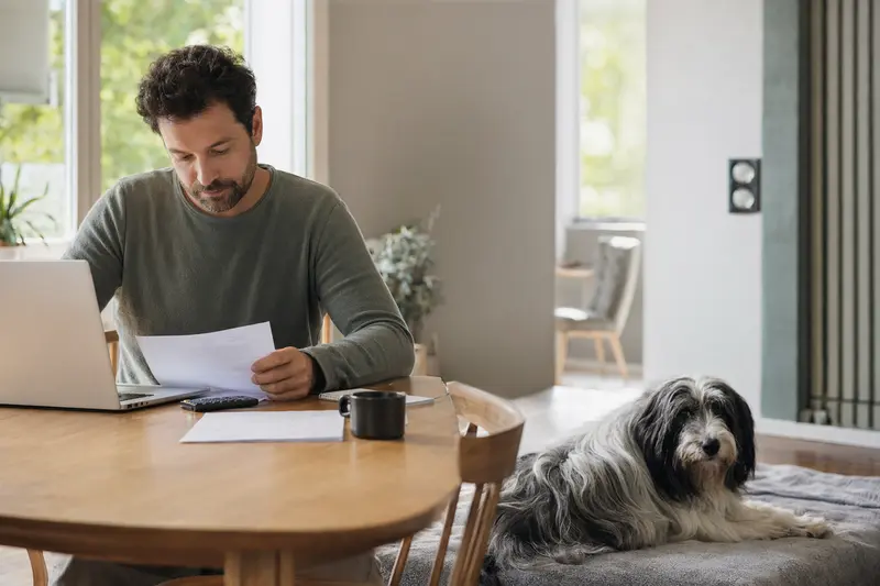 Ein Hundehalter sitzt mit einer Tierarztrechnung am Tisch, während ein entspannter Polnischer Niederungshund auf einer Decke liegt.