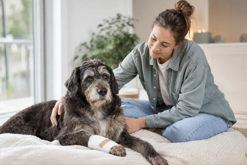 Polnischer Niederungshund mit leichtem Verband an der Pfote liegt ruhig auf einer Decke neben seinem erleichterten Besitzer.