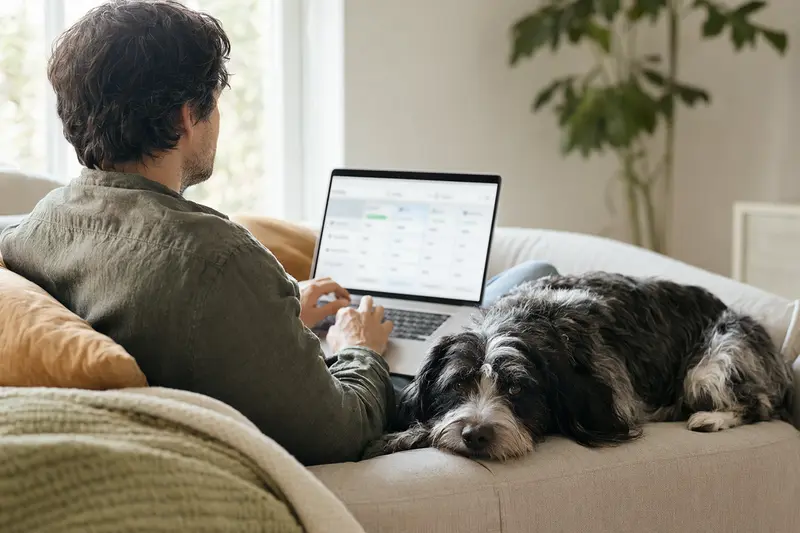 Besitzer mit Laptop auf dem Sofa, neben ihm ein Polnischer Niederungshund, zeigt neutrale Versicherungsvergleichsseite.