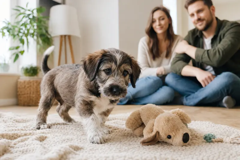 Ein junger polnischer Niederungshund Welpe erkundet neugierig seine helle, freundliche Wohnung mit Spielzeug und weicher Decke.