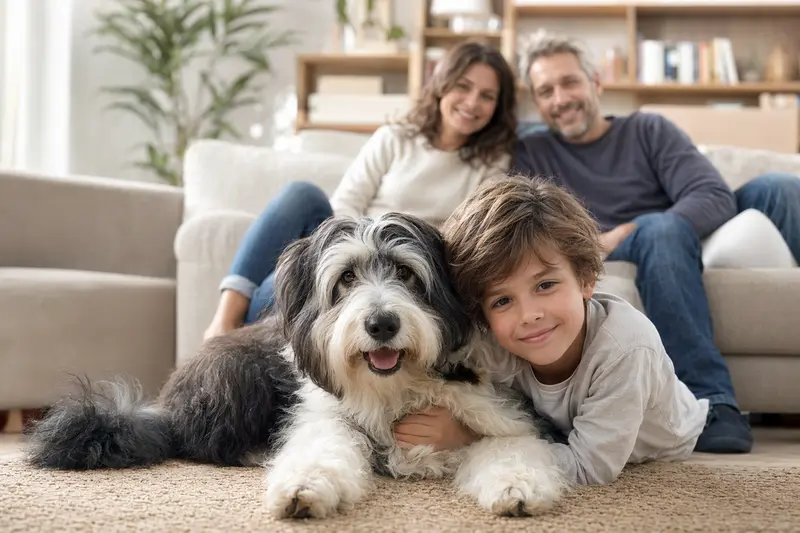 Ein Polnischer Niederungsschäferhund liegt entspannt neben einem Kind im hellen Wohnzimmer, während die Eltern im Hintergrund eine sichere Familienatmosphäre schaffen.