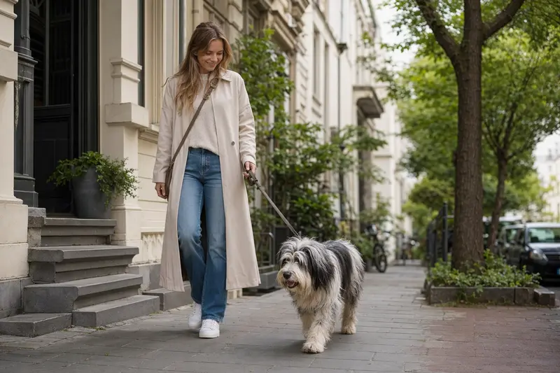Ein Polnischer Niederungsschäferhund läuft an der Leine mit seinem Besitzer durch eine moderne Stadtstraße.
