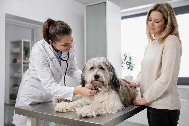 Eine Tierärztin untersucht einen ruhigen Polnischen Niederungsschäferhund mit dem Stethoskop, während der Besitzer beruhigend danebensteht.