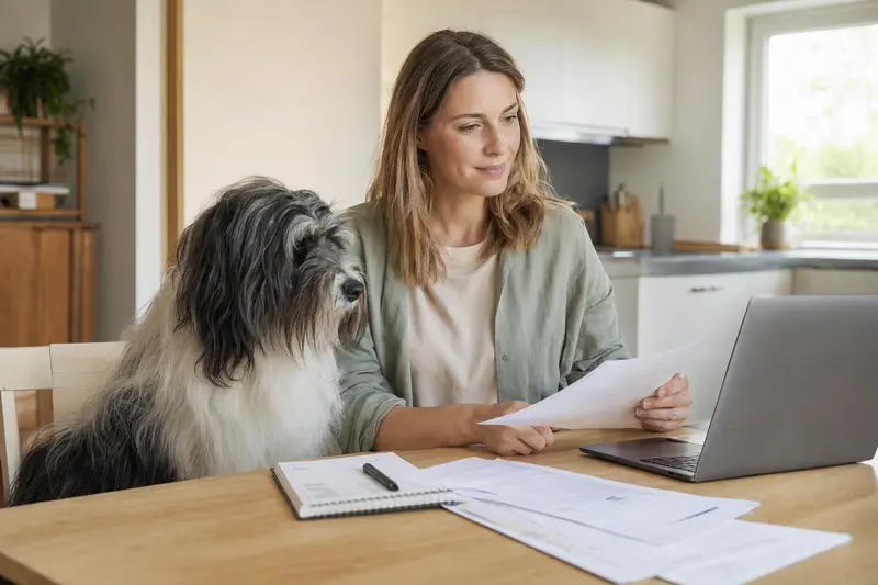 Ein Polnischer Niederungsschäferhund sitzt ruhig neben seinem Besitzer am Küchentisch mit Versicherungsunterlagen und Laptop in einer hellen Wohnung.