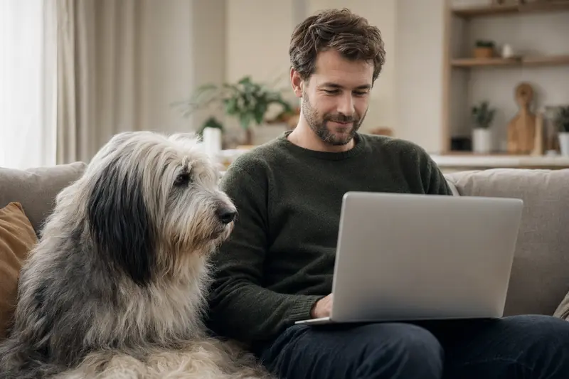 Ein Hundehalter sitzt mit einem Laptop auf dem Sofa, während ein Polnischer Niederungsschäferhund neben ihm liegt und ein Versicherungsvergleichs-Tool auf dem Bildschirm zeigt.