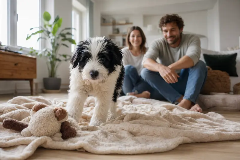 Neugieriger PON-Welpe entdeckt sein neues Zuhause in einer hellen Wohnung mit weicher Decke und Spielzeug.