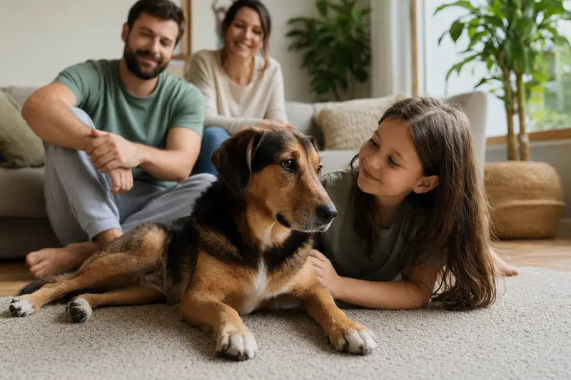 Ein freundlicher Polnischer Ogar liegt entspannt neben einem Kind im Wohnzimmer, während die Eltern im Hintergrund eine helle und sichere Familienatmosphäre schaffen.