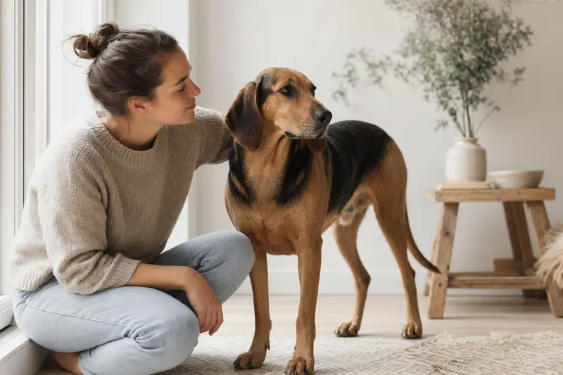 Ein Polnischer Ogar Hund steht aufmerksam vor hellem Hintergrund und zeigt die typische Körperform dieser Hunderasse.
